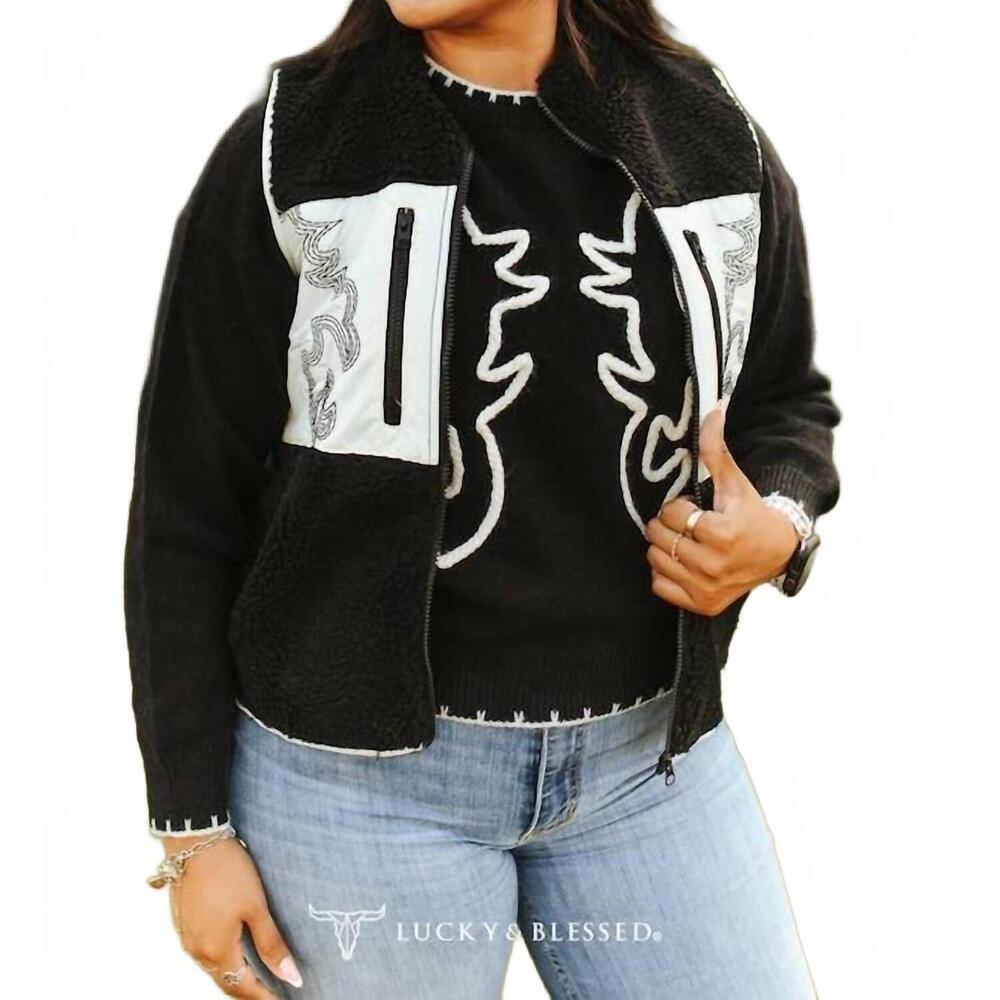 NEW LUCKY & BLESSED sherpa western vest in black